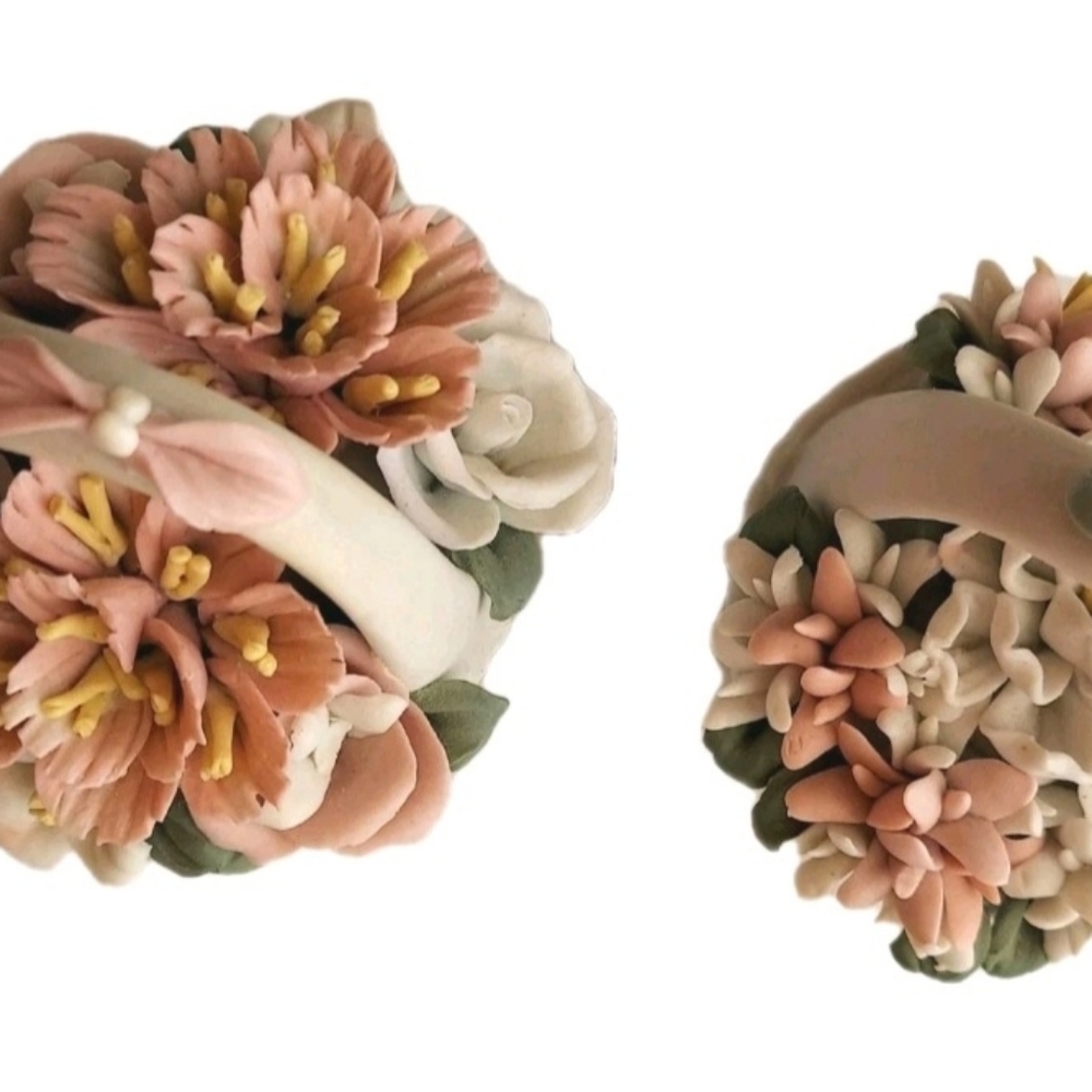 Vintage Small Ceramic Baskets (2) Delicate Colorful Flowers, Handle, Decorative - Picture 7 of 12